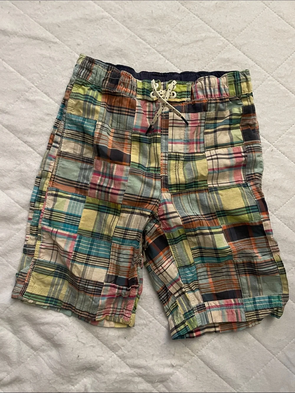 GAP Boys Multicolor Plaid Patchwork Swim Trunks - Blue, Green, Yellow